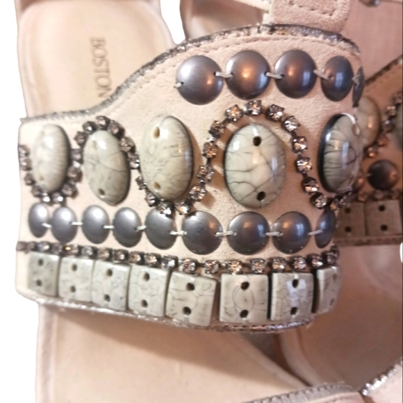 Boston Proper Silver Moon Platform Stiletto Heel Sandals Suede Cream/Gray Stone - Picture 5 of 11